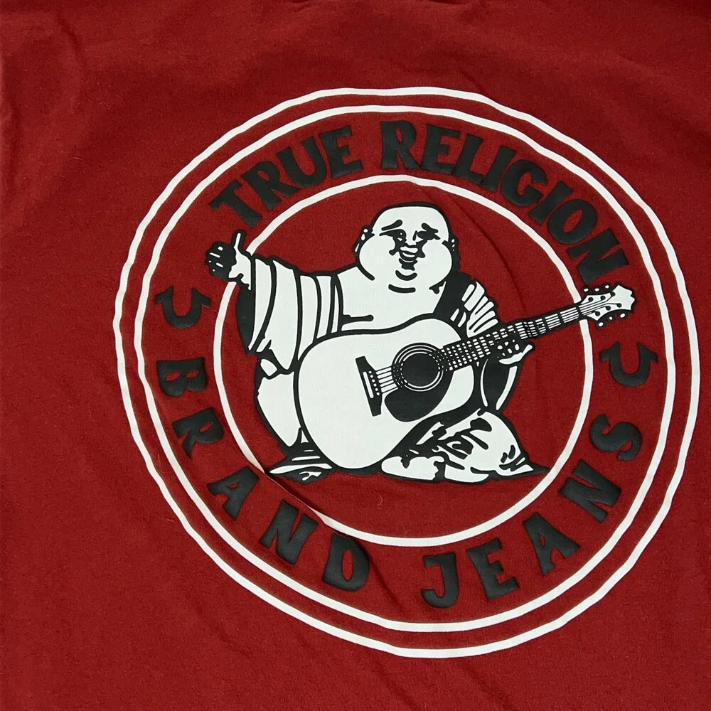 True Religion Shirt Mens Large Red Buddha Graphic Horseshoe Logo Style‎ 106622